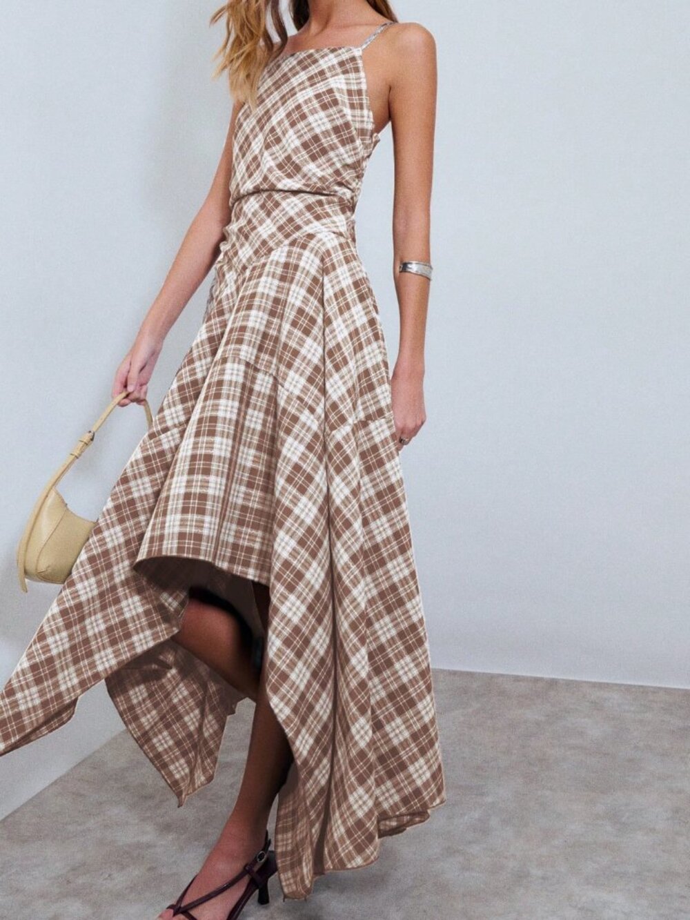 Camel Casual Women's Asymmetrical Plaid Midi Dress